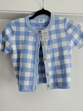 Cotton On Blue & White Gingham Short Sleeve Cardigan Sz XS